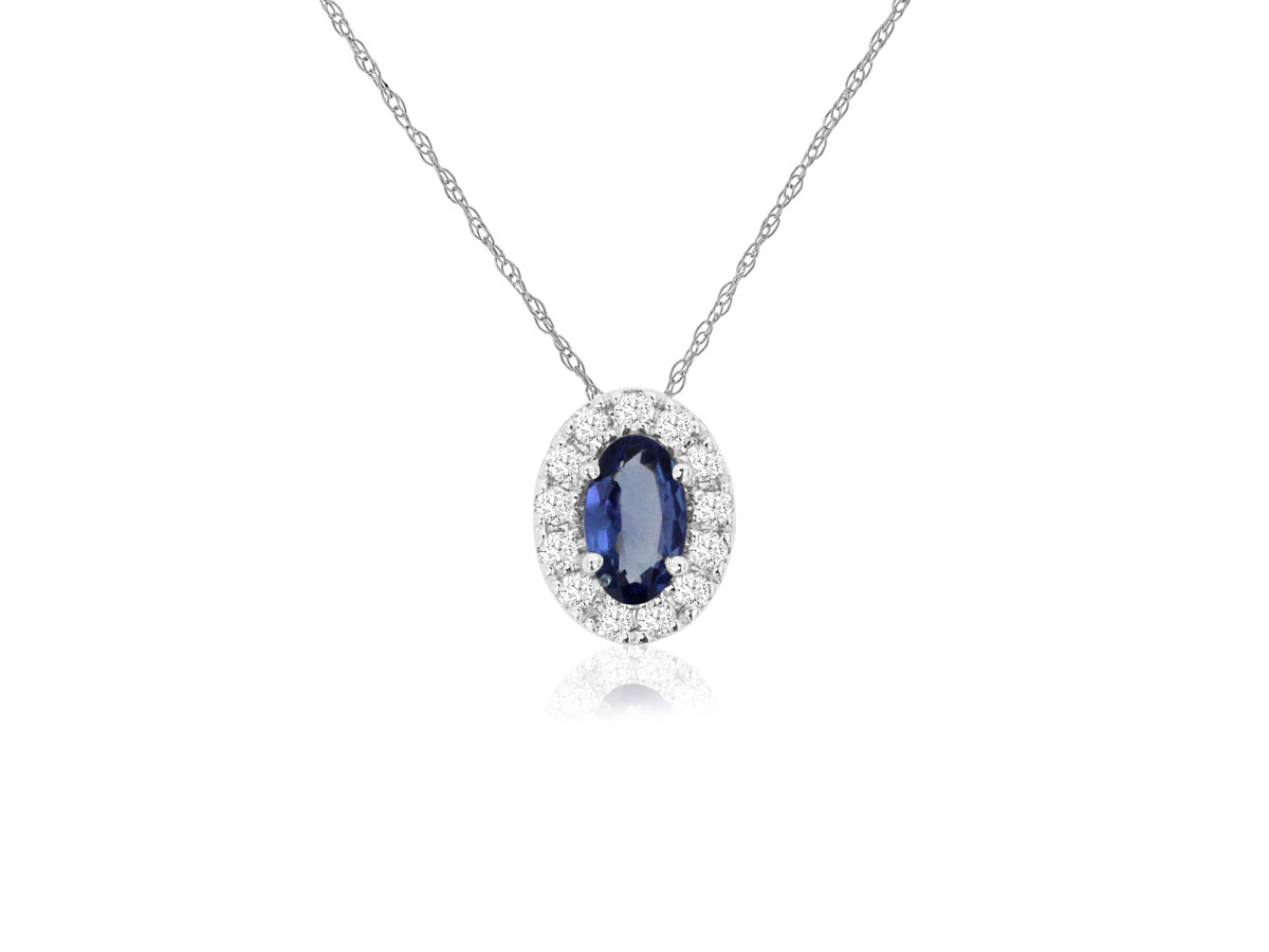 14K WHITE GOLD .22CT OVAL TANZANITE PENDANT WITH .10CTTW ROUND I1 CLARITY & HI COLOR DIAMONDS SET IN THE HALO ON A PENDANT CHAIN