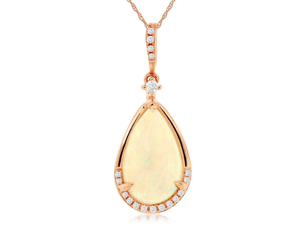14K ROSE GOLD 2.25CT PEAR SHAPED OPAL PENDANT WITH .07CTTW ROUND I1 CLARITY & HI COLOR DIAMONDS SET AT THE BOTTOM OF THE PENDANT AND IN THE BAIL ON A PENDANTCHAIN