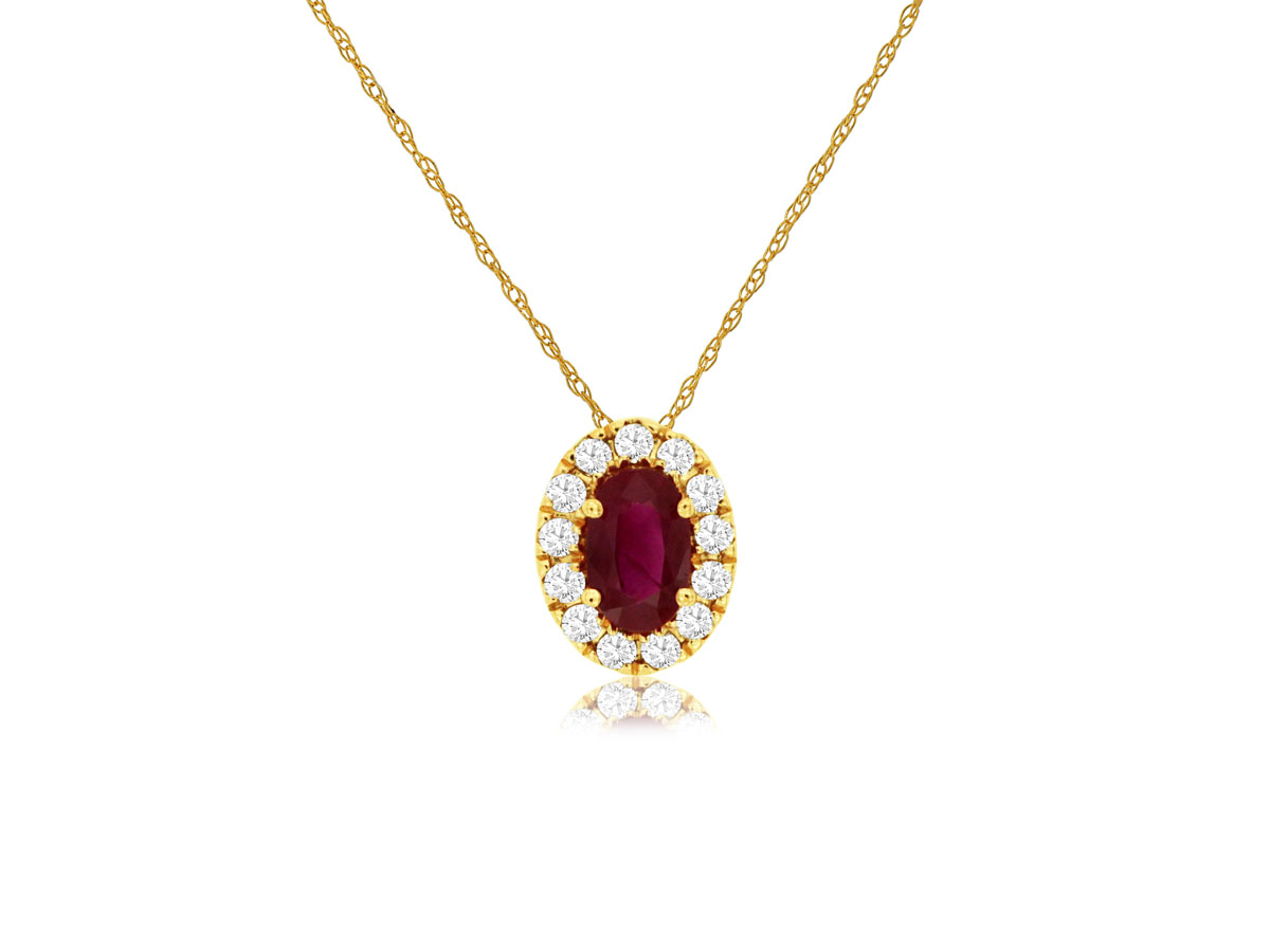14K YELLOW GOLD .22CT OVAL RUBY PENDANT WITH .10CTTW ROUND I1 CLARITY & HI COLOR DIAMOND SSETIN THE HALO ON A PENDANT CHAIN