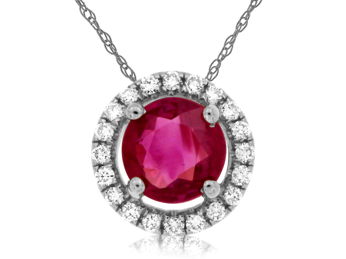 14K WHITE GOLD .47CT ROUND RUBY PENDANT WITH .08CTTW ROUND I1 CLARITY & HI COLOR DIAMOND HALO NECKLACE ON A PENDANT CHAIN