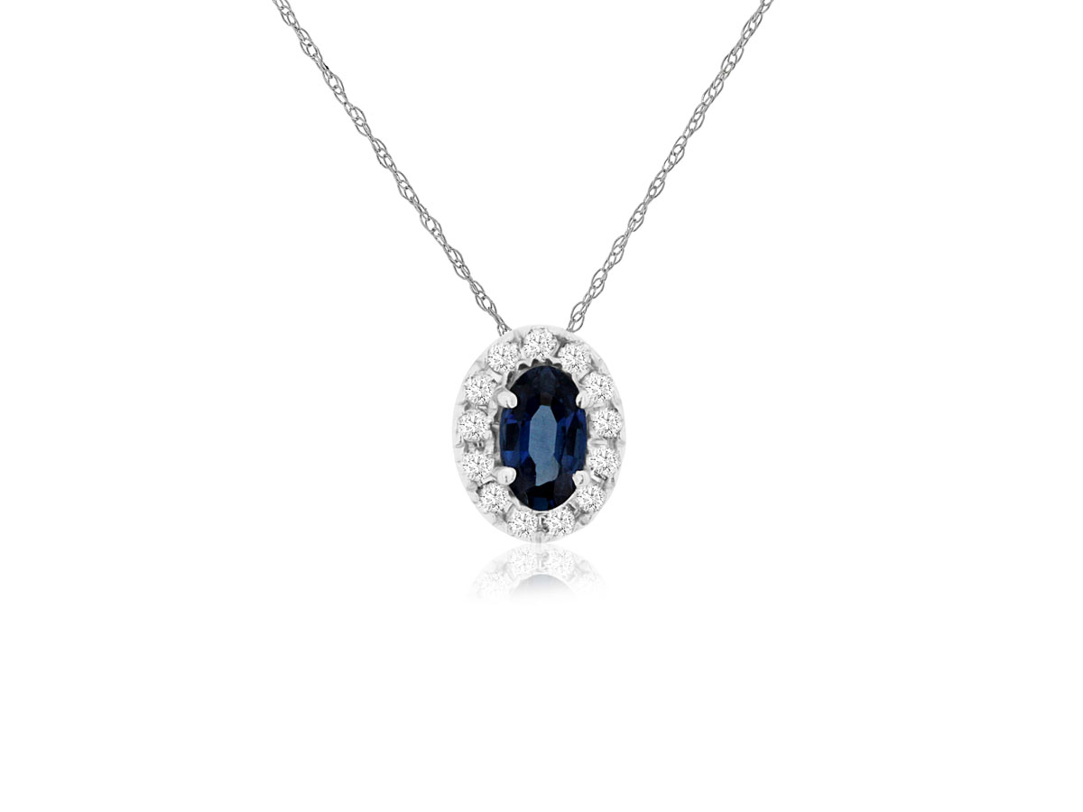 14K WHITE GOLD.28CT OVAL SAPPHIRE WITH .10CTTW ROUND I1 CLARITY & HI COLOR DIAMONDS SET IN THE HALO ON A PENDANT CHAIN