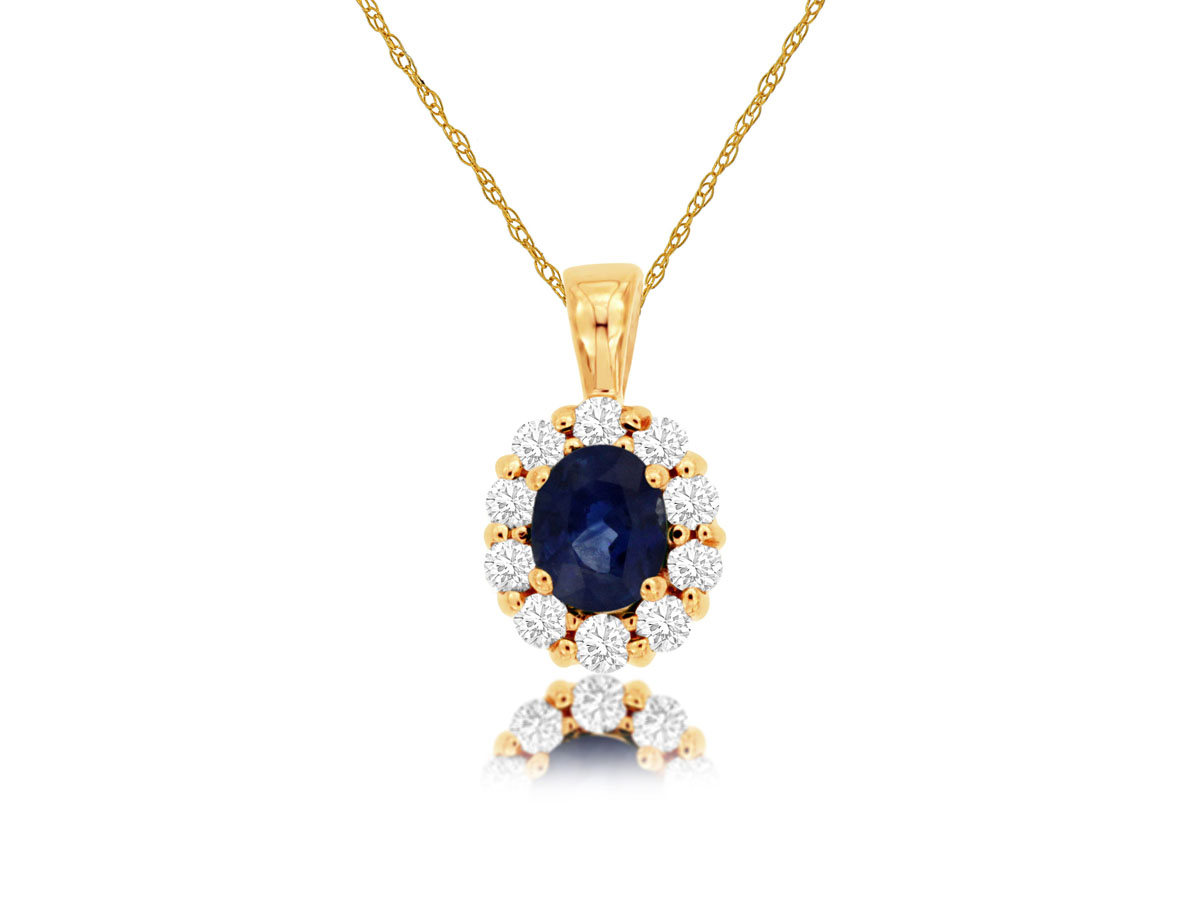 14K YELLOW GOLD .44CT OVAL SAPPHIRE PENDANT WITH .20CTTW ROUND I1 CLARITY & HI COLOR DIAMONDS SET IN THE HALO ON A PENDANT CHAIN