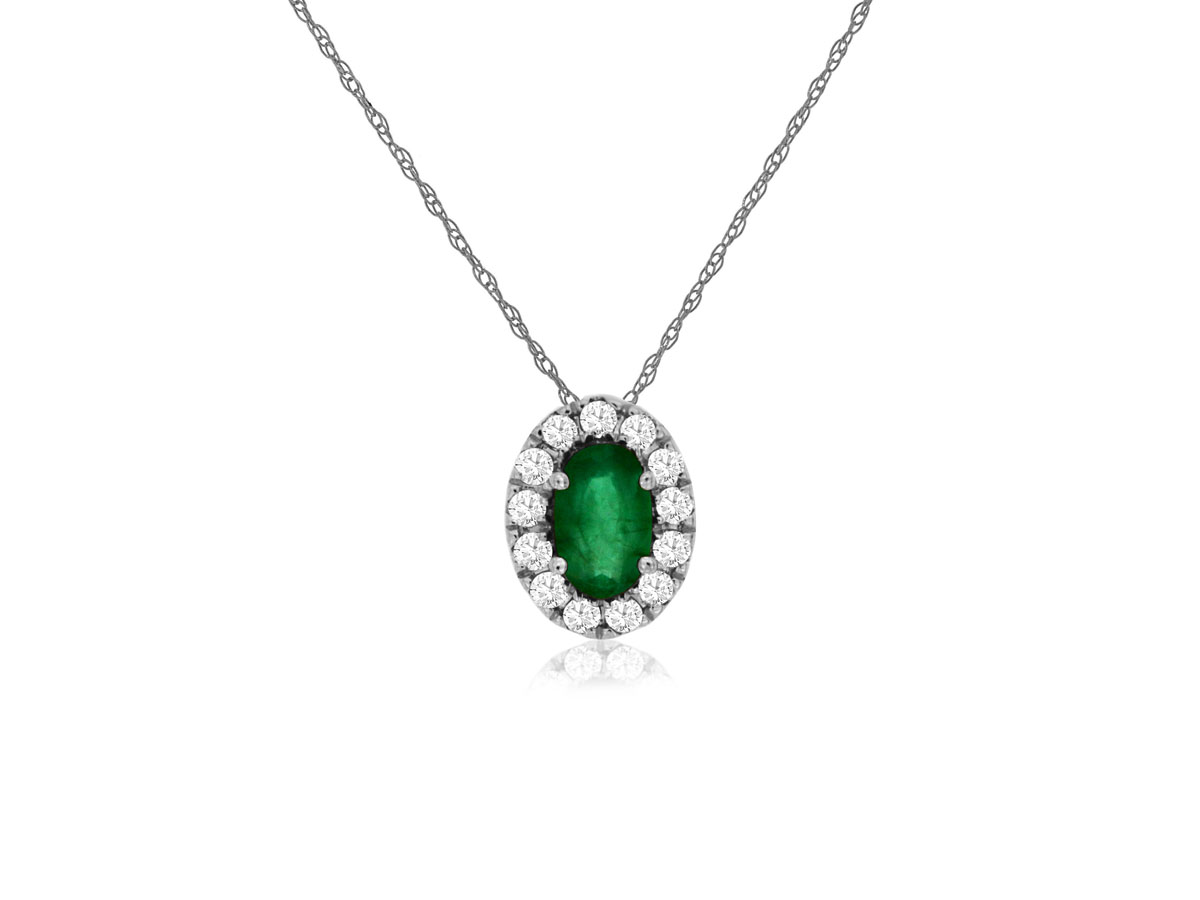 14K WHITE GOLD .22CT OVAL EMEARLD PENDANT WITH .10CTTW ROUND I1 CLARITY & HI COLOR DIAMONDS SET IN THE HALO ON A PENDANT CHAIN