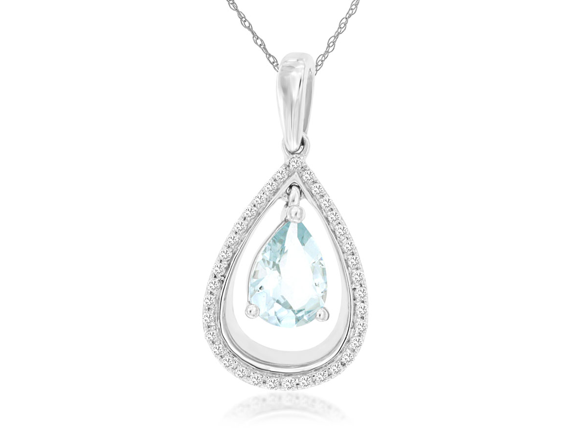 14K WHITE GOLD PEAR SHAPE PENDANT WITH .10CTTW ROUND I1 CLARITY & HI COLOR DIAMONDS AND A .65CT PEAR SHAPE DANGLE AQUAMARINE ON A PENDANT CHAIN
