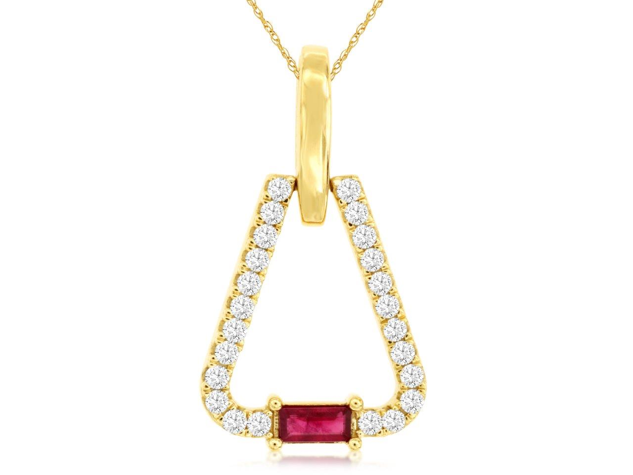 14K YELLOW GOLD STIRRUP SHAPED PENDANT WITH .43CTTW ROUND I1 CLARITY & HI COLOR DIAONDS AND A .25CT BAGUETTE RUBY ON A PENDANT CHAIN