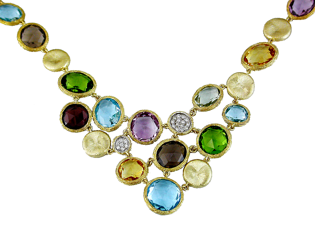 14K YELLOW GOLD 45CT MUTLI SEMI PRECIOUS STONE AND .18CTTW ROUND I1 CLARITY & HI COLOR DIAMONDS AND SATIN FINISH DISC NECKLACE