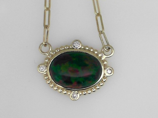 14K GREEN GOLD OVAL BEZEL SET CABOCHON BLACK OPAL PENDANT WITH 4 ROUND BRILLIANT DIAMONDS ON A PAPERCLIP CHAIN