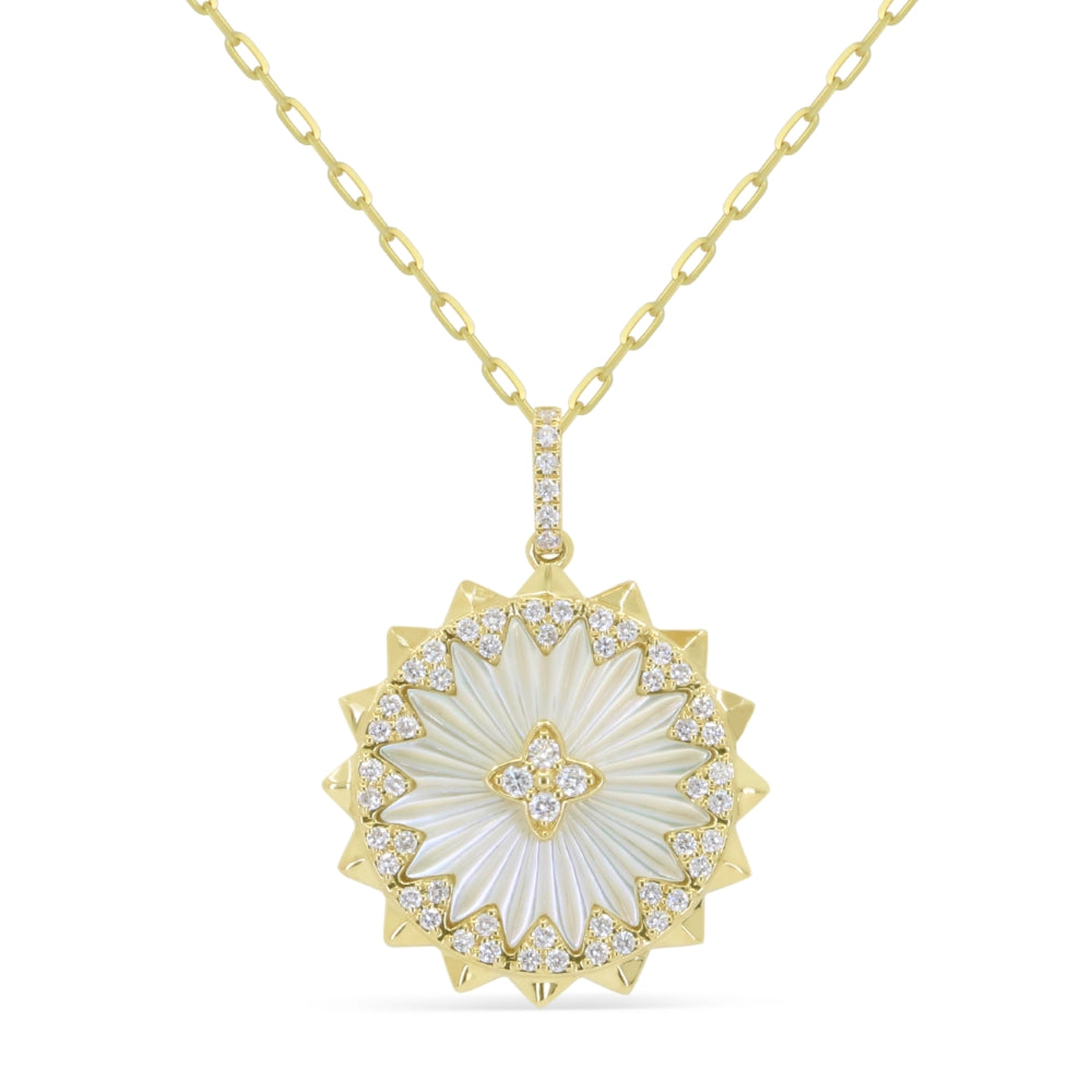 14K YELLOW GOLD CARVED WHITE MOTHER OF PEARL PENDANT WITH .31CTTW ROUND SI CLARITY & GH COLOR DIAMONDS SET AROUND THE EDGE AND BAIL AN 18