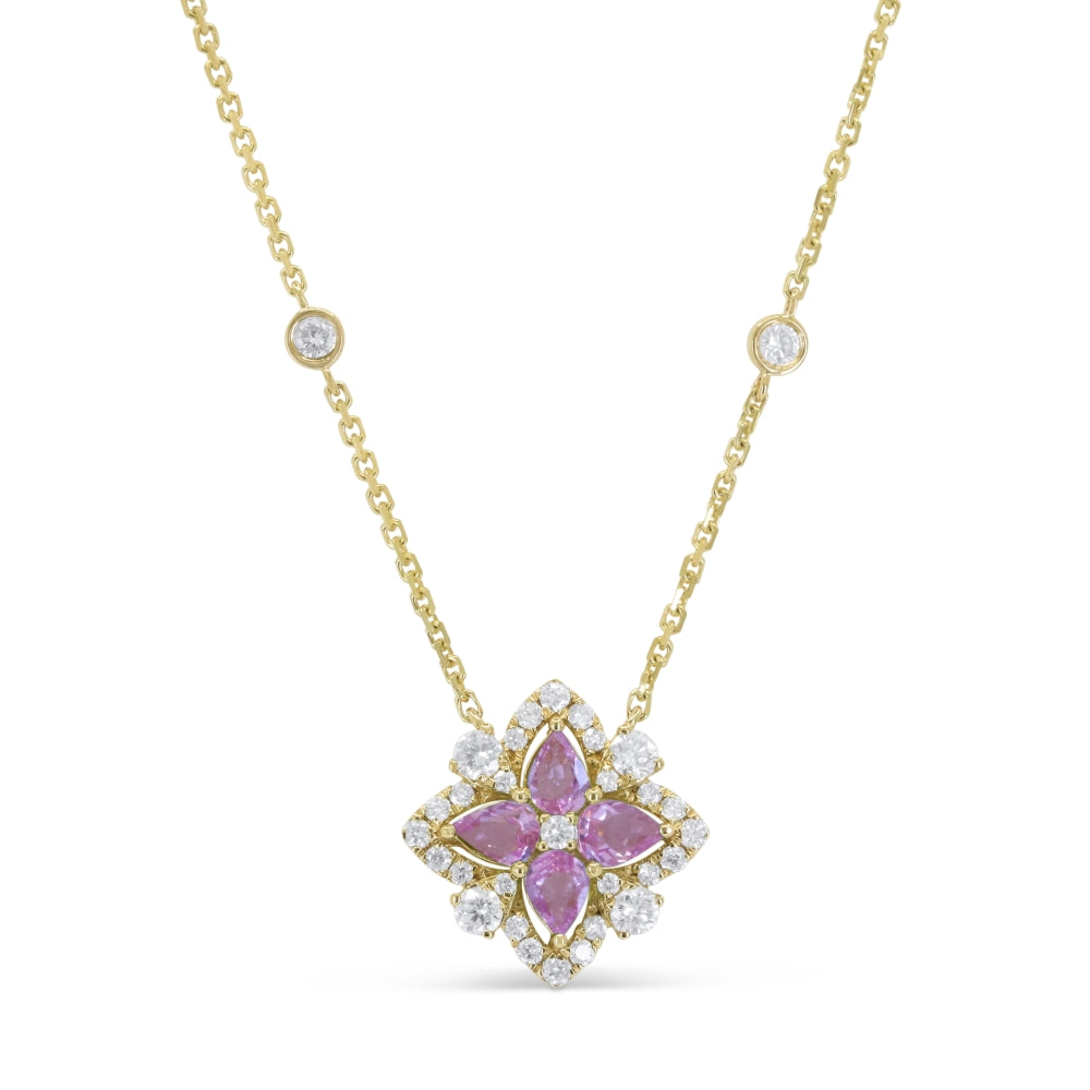 14K YELLOW GOLD .68CTTW PEAR SHAPED PINK SAPPHIRES SET IN A FLOWER DESIGN WITH .50CTTW ROUND SI CLARITY & GH COLOR DIAMONDS SET IN THE HALO AN DIN THE CHAIN