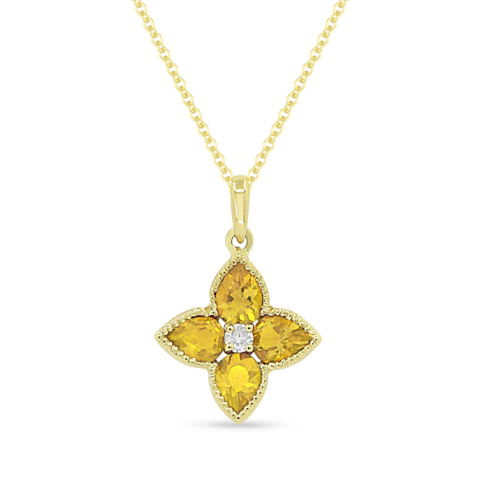 14K YELLOW GOLD FLORAL PENDANT WITH .56CTTW PEAR SHAPED CITRINES WITH .03CT ROUND I1 CLARITY & HI COLOR DIAMOND ON A 16