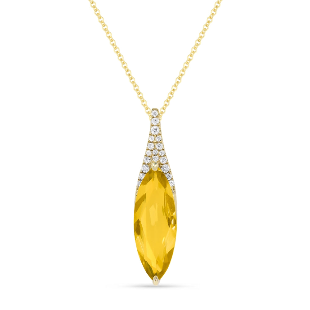14K YELLOW GOLD 2.55CT ELONGATED CITRINE PENDANT WITH .07CTTW ROUND SI CLARITY & GH COLOR DIAMONDS SET ON THE TOP ON A 16