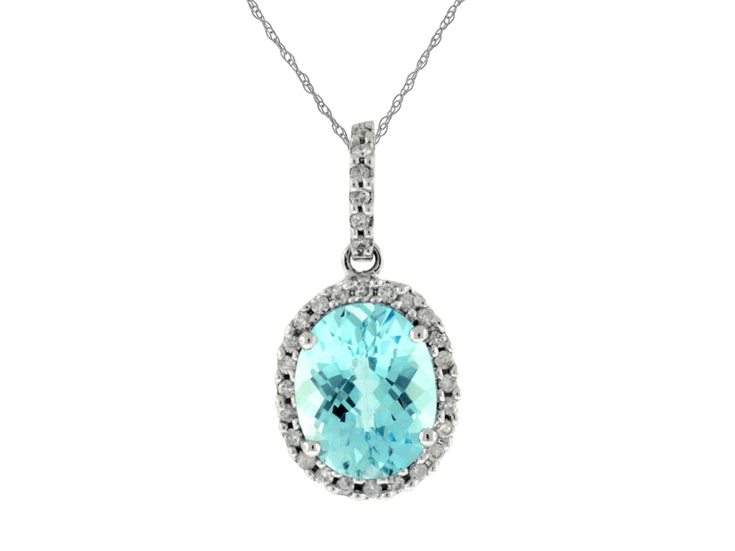 14K WHITE GOLD 3.10CT OVAL BLUE TOPAZ PENDANT WITH .18CTTW ROUND SI CLARITY AND HI COLOR DIAMONDS SET IN THE HALO AND BAIL ON AN 18