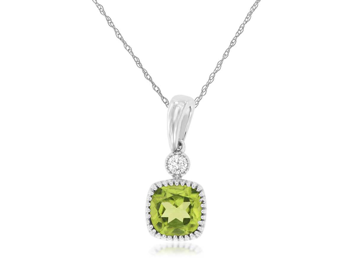 14K WHITE GOLD .61CT SQUARE PERIDOT PENDANT WITH A .03CT ROUND I1 CLARITY & HI COLOR DIAMOND ON AN 18" PENDANT CHAIN