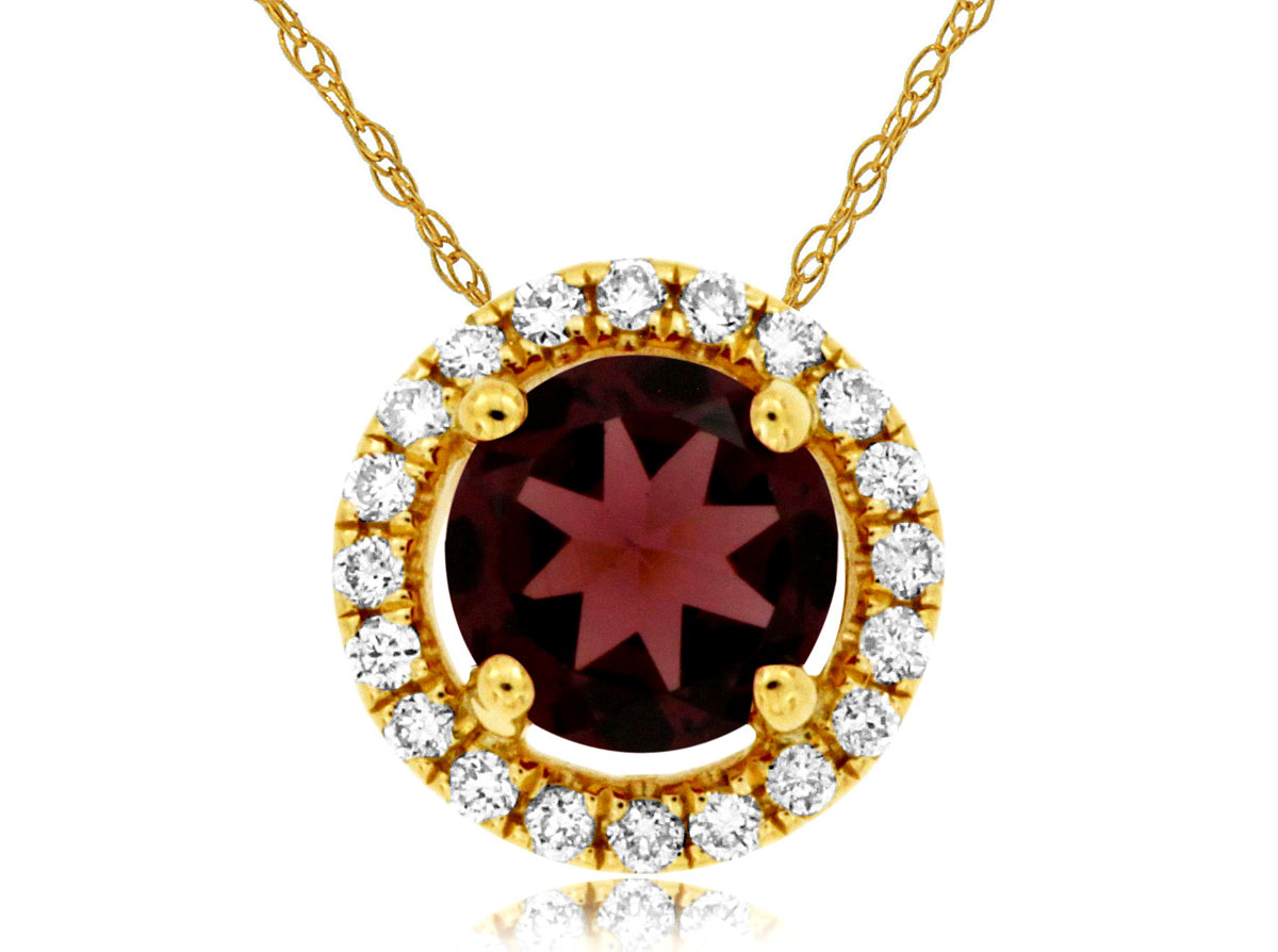 14K YELLOW GOLD PENDANT WITH A .65CT ROUND RHODOLITE GARNET AND .08CTTW ROUND I1 CLARITY & H COLOR DIAMONDS SET IN THE HALO ON A PENDANT CHAIN