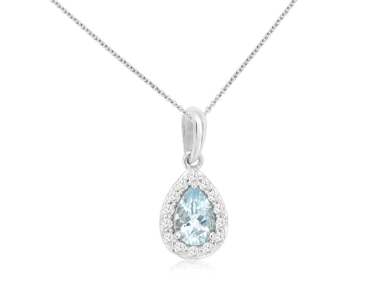 14K WHITE GOLD .35CT PEAR SHAPED AQUAMARINE PENDANT WITH .12CTTW ROUND I1 CLARITY & H COLOR DIAMONDS SET IN THE HALO ON A PENDANT CHAIN