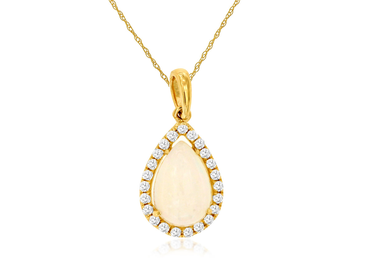 14K YELLOW GOLD .75CT PEAR SHAPED OPAL PENDANT WITH .14CTTW ROUND I1 CLARITY & H COLOR DIAMONDS SET IN THE HALO ON A PENDANT CHAIN