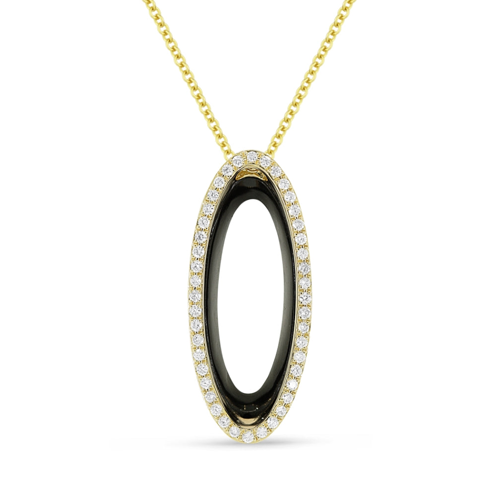 14K YELLOW GOLD OPEN OVAL ONYX PENDANT WITH .21CTTW ROUND SI CLARITY & GH COLOR DIAMONDS ON A 16/17/18" CABLE CHAIN