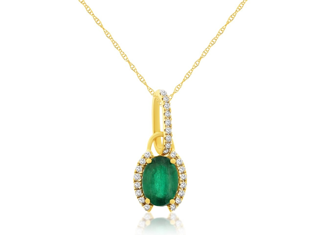 14KYELLOW GOLD .75CT OVAL EMERALD PRNDANT WITH .10CTTW ROUND I1 CLARITY & HI COLOR DIAMONDS SET ON EITHER SIDE AND IN THE BAIL ON A PENDANT CHAIN