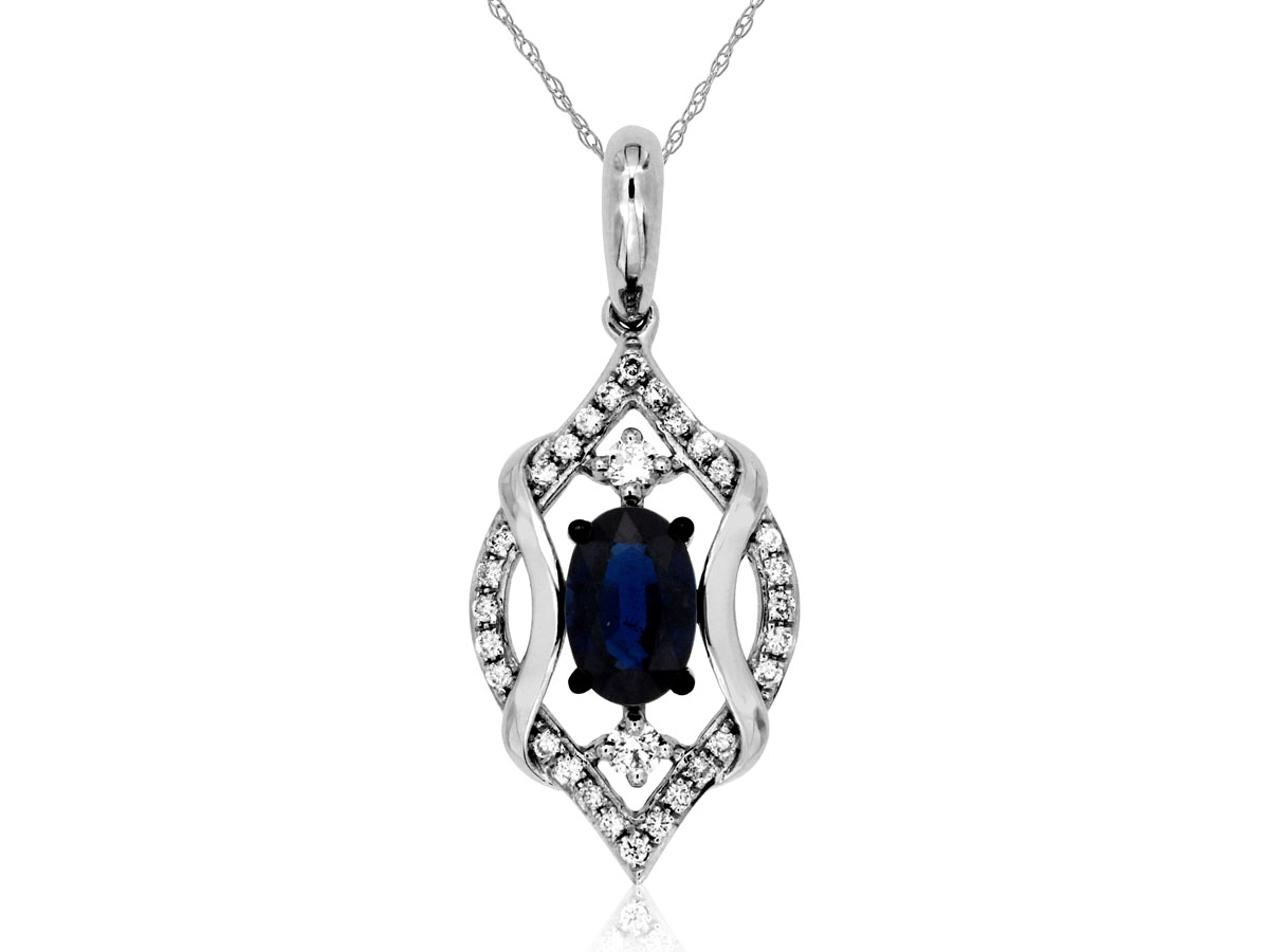 14K WHITE GOLD .58CT OVAL SAPPHIRE OPEN SCROLL PENDANT WITH .12CTTW ROUND I1 CLARITY & HI COLOR DIAMONDS ON A PENDANT CHAIN