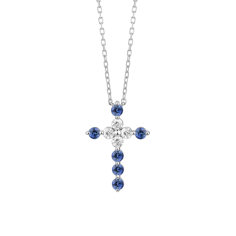 14K WHITE GOLD CROSS PENDANT WITH .15CTTW ROUND SI CLARITY & GH COLOR DIAMONDS AND .20CTTW ROUND SAPPHIRES WITH A 17/18