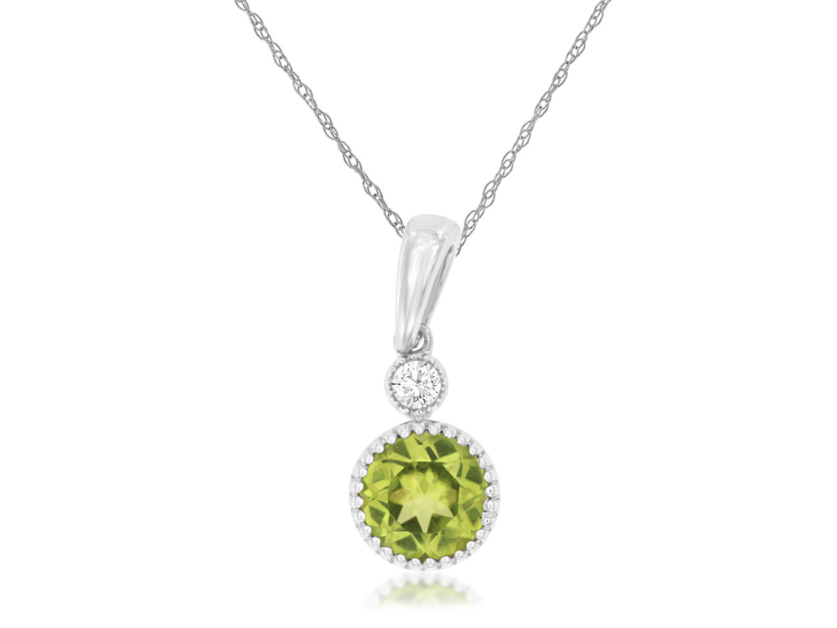 14K WHITE GOLD .45CT ROUND PERIDOT PENDANT WITH A .03CT ROUND I1 CLARITY & HI COLOR DIAMOND ON AN 18" PENDANT CHAIN