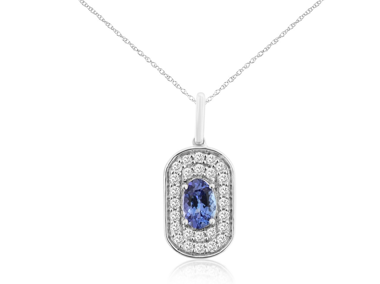 14K WHITE GOLD OVAL PAVE DISC PENDAND WITH .20CTTW ROUND I1 CLARTY & HI COLOR DIAMONDS AND A .50CT OVAL TANZANITE ON A PENDANT CHAIN