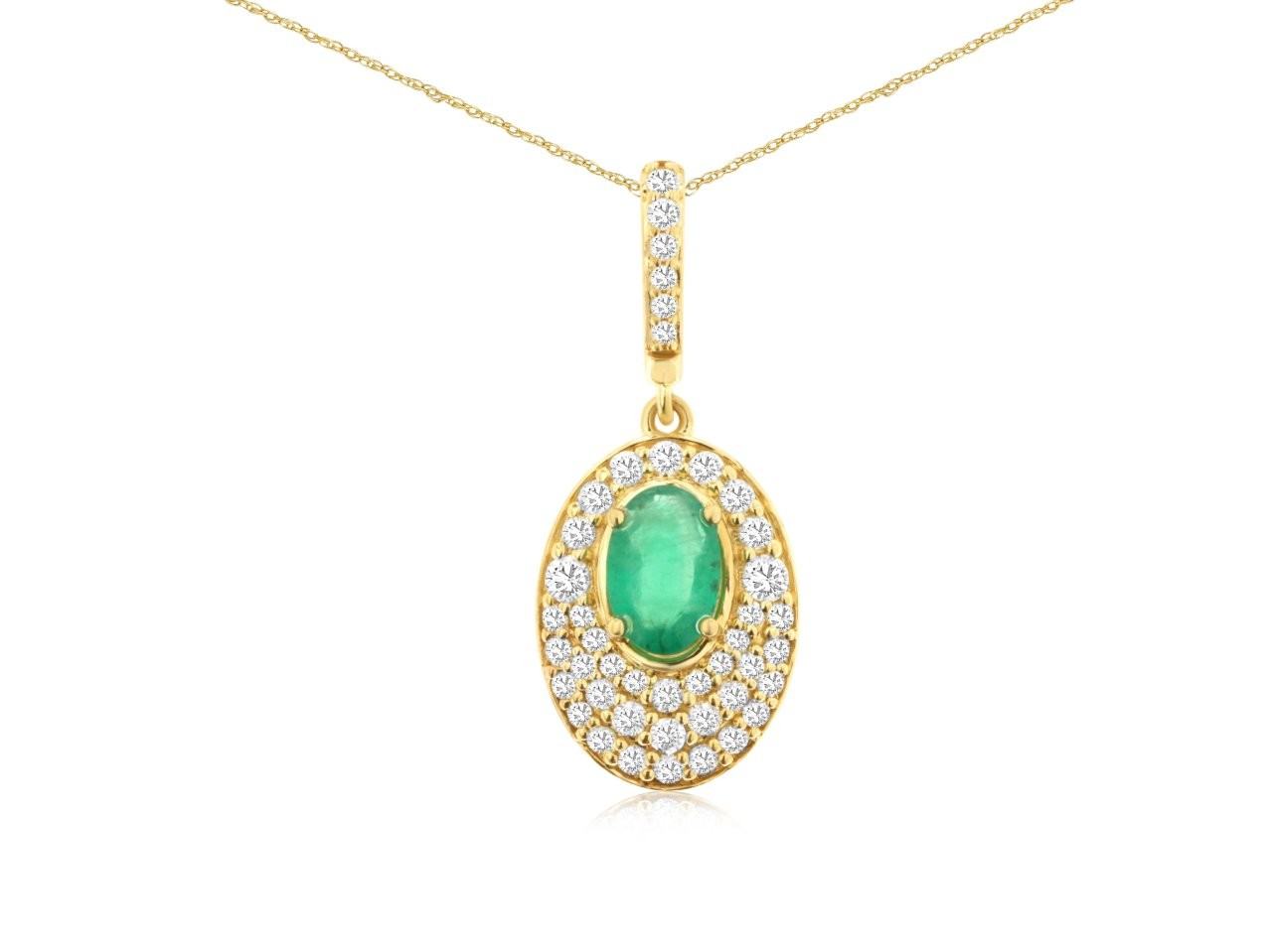 14K YELLLOW GOLD OVAL PENDANT WITH .33CTTW ROUND I1 CLARITY & HI COLOR DIAMONDS AND A .45CT OVAL EMERALD ON A PENDANT CHAIN
