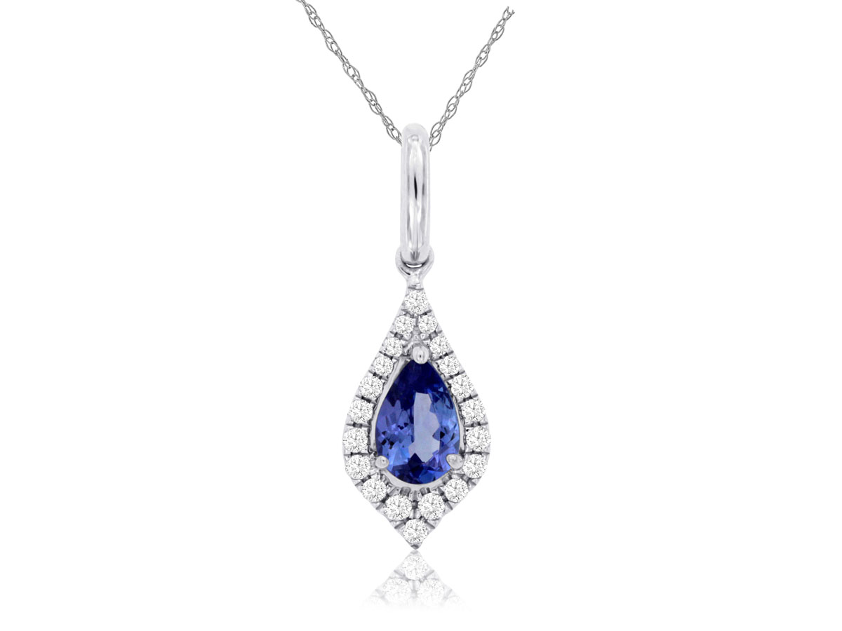 14K WHITE GOLD PEAR SHAPED PENDANT WITH A .42CT PEAR SHAPED TANZANITE SET WITH .10CTTW ROUND I1 CLARITY & HI COLOR DIAMONDS IN THE HALO ON A PENDANT CHAIN