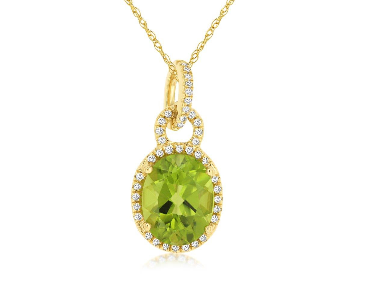 14K YELLOW GOLD 2.80CT OVAL PERIDOT PENDANTWITH .12CTTW ROUND I1 CLARITY & HI COLOR DIAMONDS SET IN THE HALO AND BAIL ON A PENDANTCHAIN