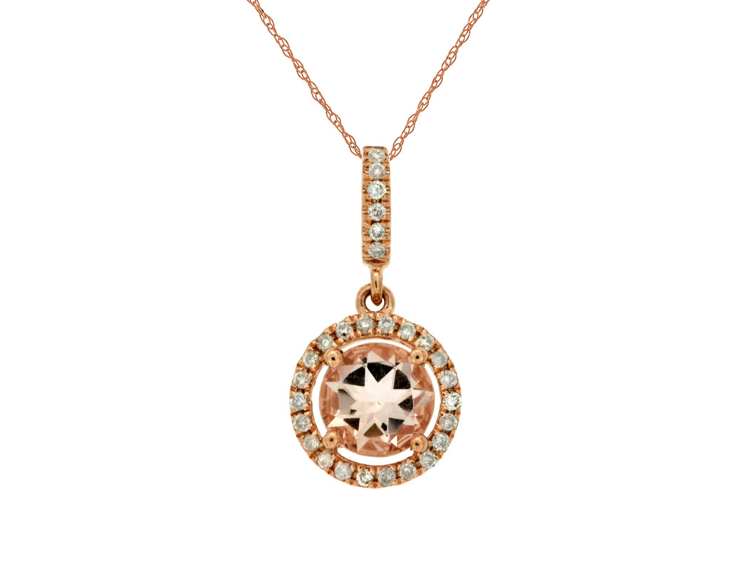 14K ROSE GOLD .75CT ROUND MORGANITE PENDANT WITH .11CTTW ROUND I1 CLARITY & HI COLOR DIAMONDS SET IN THE HALO AND BAIL ON A PENDANT CHAIN