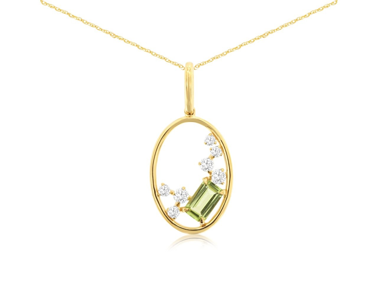 14K YELLOW GOLD OPEN OVAL PENDANT WITH A .35CT EMERALD CUT PERIDOT AND .14CTTW ROUND I1 CLARITY & HI COLOR DIAMONDS ON A PENDANT CHAIN