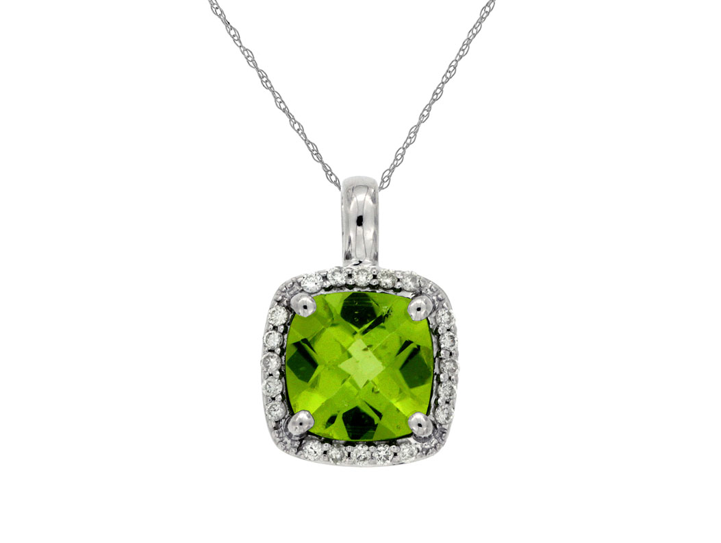 14K WHITE GOLD 2.10CT CHECKERBOARD CUT SQUARE CUSHION PERIDOT PENDANT WITH .13CTTW ROUND I1 CLARITY & HI COLOR DIAMONDS SET IN THE HALO ON A PENDANT CHAIM