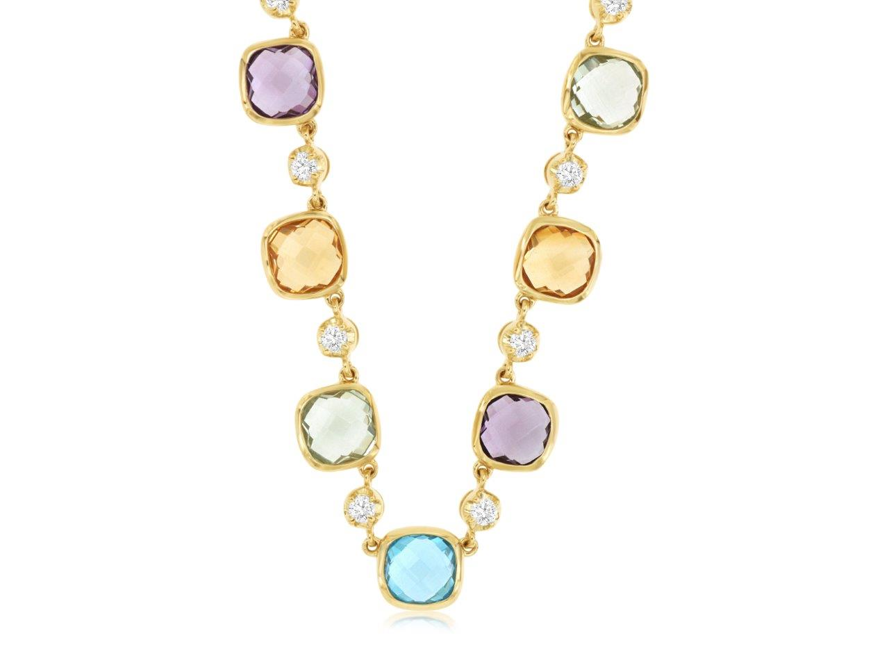 14K YELLOW GOLD NECKALCE WITH1.90CTTW SQUARE MULTI COLORED SEMI-PRECIOUS STONES AND .31CTTW ROUND I1 CLARITY & HI COLOR DIAMONDS