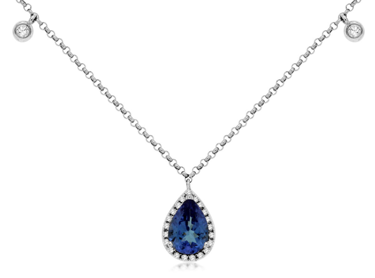 14K WHITE GOLD .75CT PEAR SHAPED TANZANITE PENDANT WITH .12CTTW ROUND I1 CLARITY & HI COLOR DIAMONDS SET IN THE HALO AND DANGLES IN THE CABLE CHAIN
