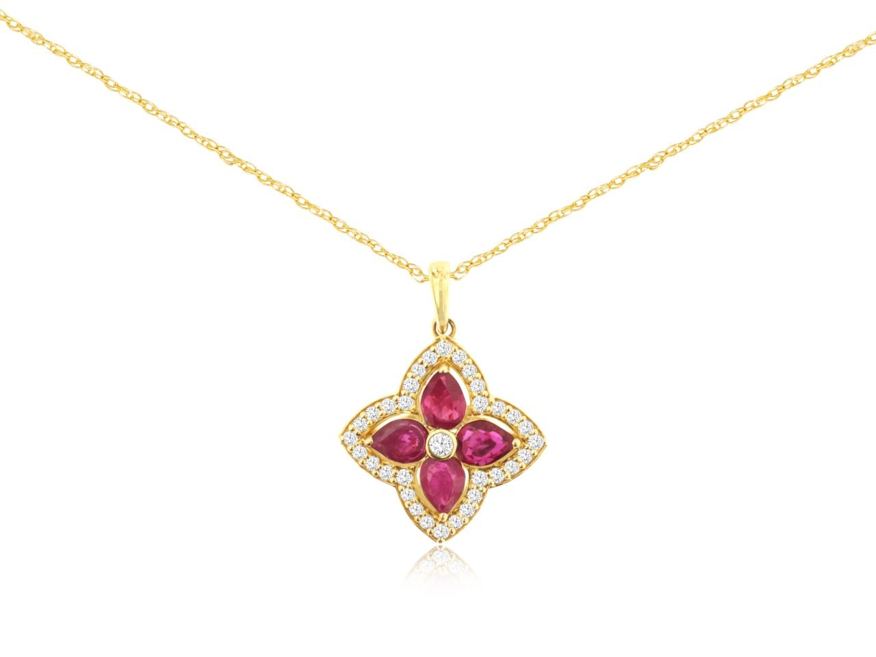 14K YELLOW GOLD FLOWER STYLE PENDANT WITH .68CTTW PEAR SHAPED RUBIES AND .15CTTW ROUND I1 CLARITY & HI COLOR DIAMONDS SET IN THE HALO ON A PENDANT CHIAN