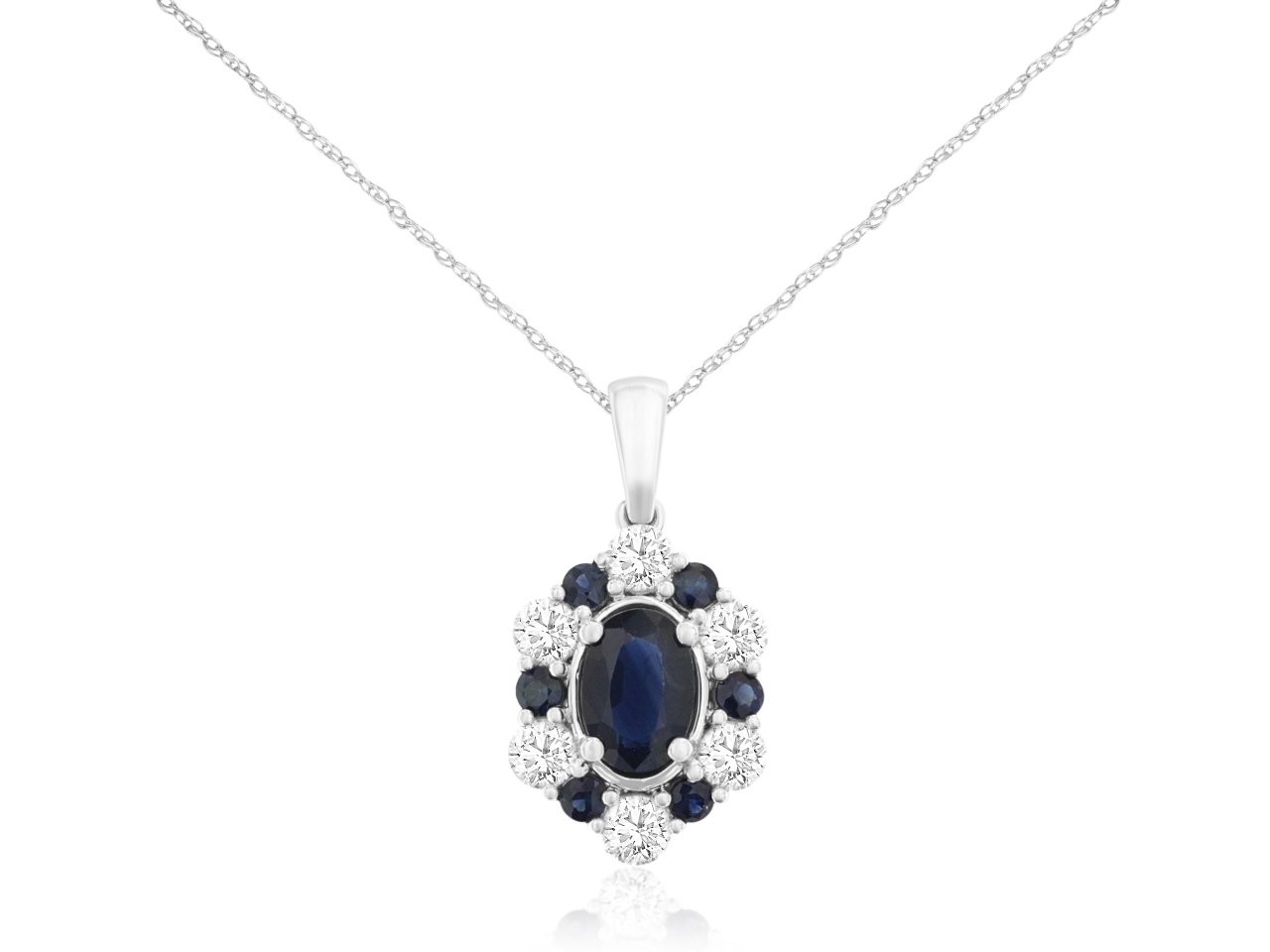 14K WHITE GOLD OVAL PENDANT WITH AN OVAL CENTER AND ALTERNATING ROUND SAPPHIRES 1.10CTTW AND .40CTTW ROUND I1 CLARITY & HI COLOR DAIMONDS IN THE HALO ON A PENDANT CHAIN
