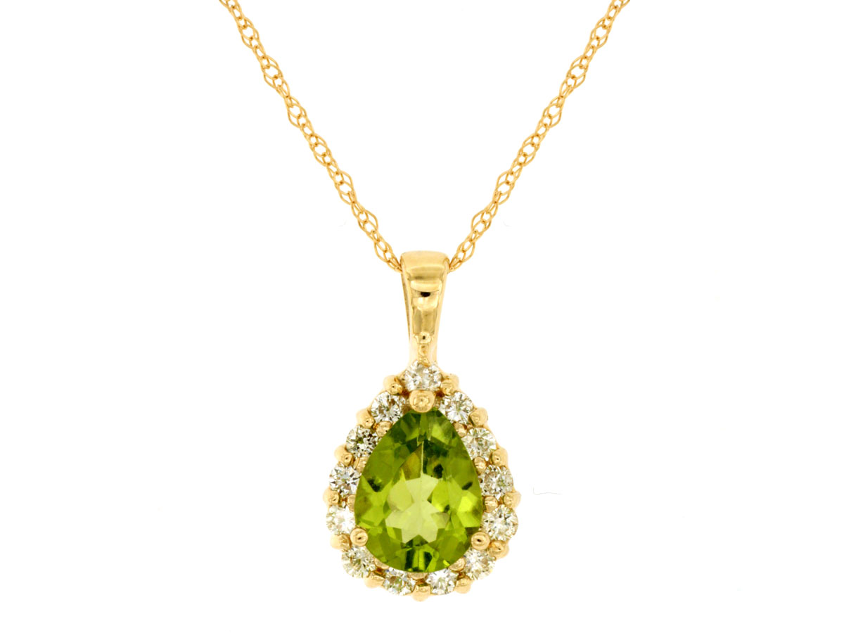 14K YELLOW GOLD 1.10CT PEAR SHAPED PERIDOT PENDANT WITH .30CTTW ROUND I1 CLARITY & HI COLOR DIAMONDS SET IN THE HALO ON A PENDNAT CHAIN