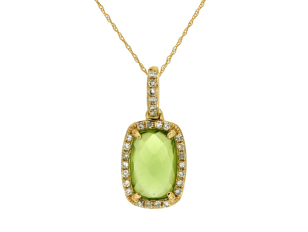 14K YELLOW GOLD 1.80CT CHECKERBOARD CUT RECTANGLE SHAPE PERIDOT PENDANT WITH .11CTTW ROUND I1 CLARITY & HI COLOR DIAMONDS SET IN THE BAIL AND HALO ON A YELLOW GOLD CHAIN