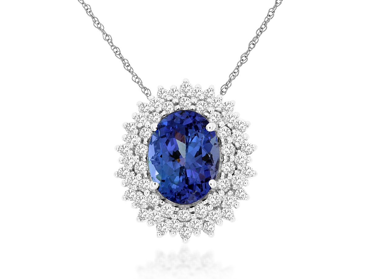 14K WHITE GOLD 1.30CT OVAL TANZANITE PENDANT WITH .33CTTW ROUND I1 CLARITY & HI COLOR DIAMONDS SET IN A DOUBLE HALO ON A PENDANT CHAIN