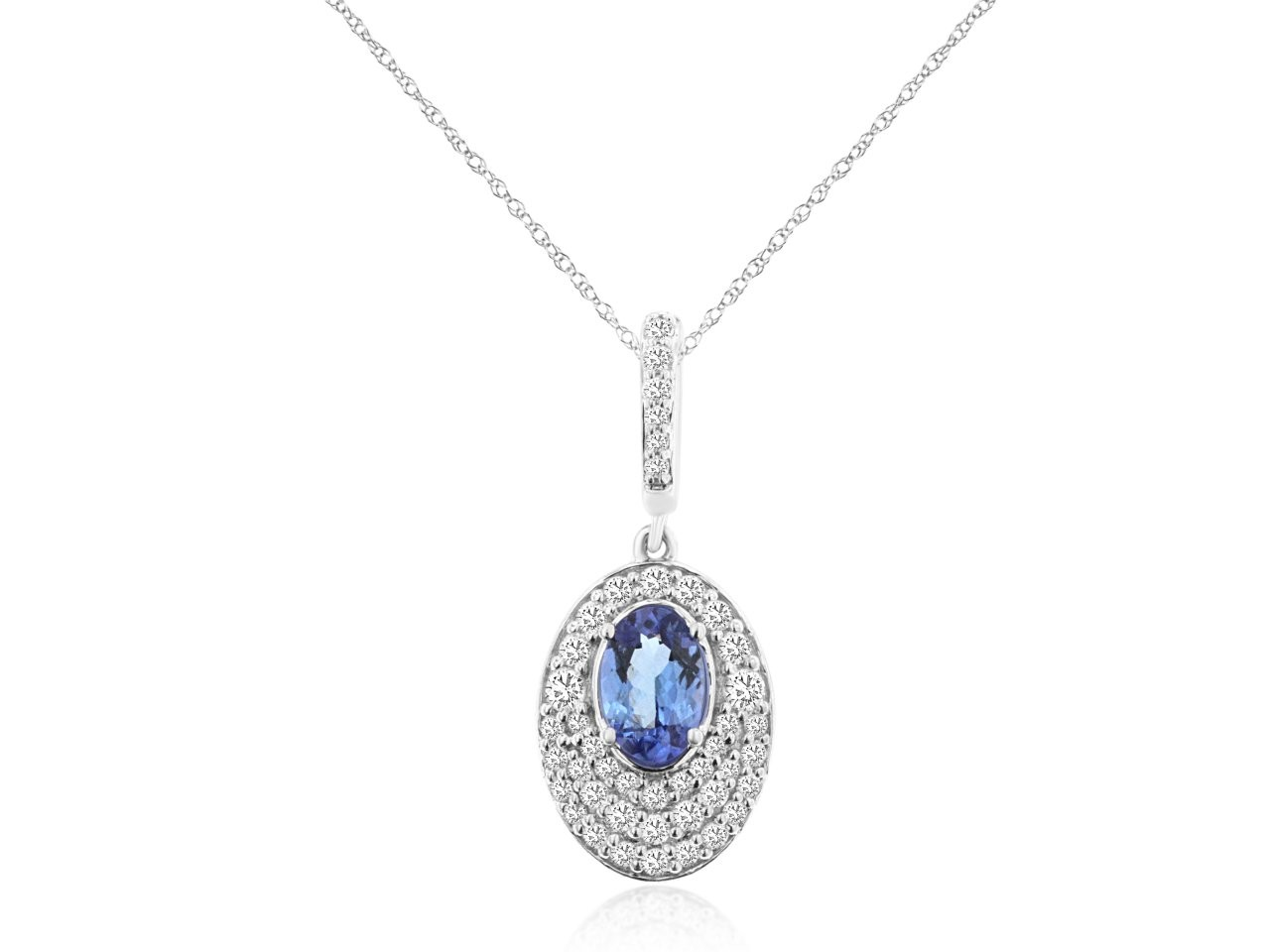 14K WHITE GOLD .50CT OVAL TANZANITE PENDANT WITH .33CTTW ROUND I1 CLARITY & HI COLOR DIAMONDS PAVE SET IN THE PENDANT ON A PENADNT CHAIN