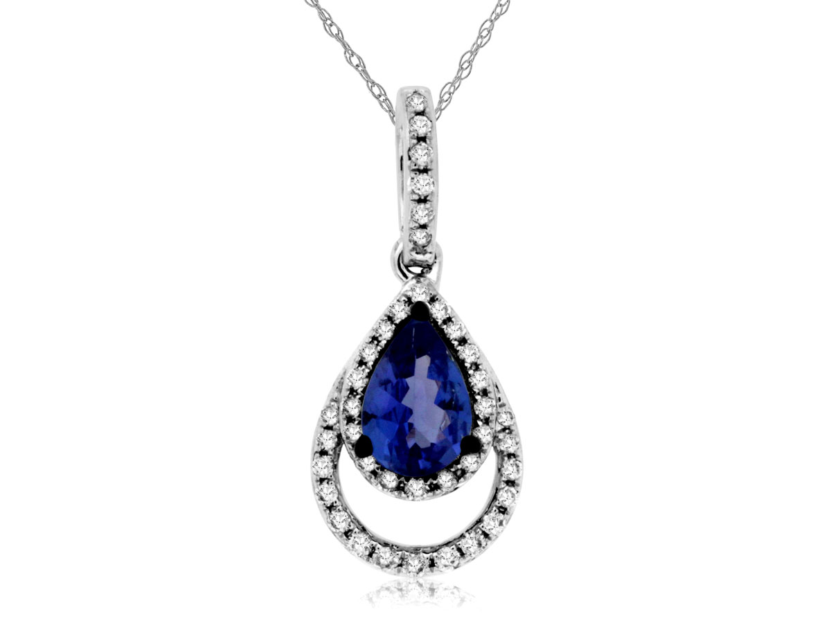 14K WHITE GOLD .42CT PEAR SHAPED TANZANITE PENDANT WITH .11CTTW ROUND I1 CLARITY & HI COLOR DIAMONDS ON A PENDANT CHAIN