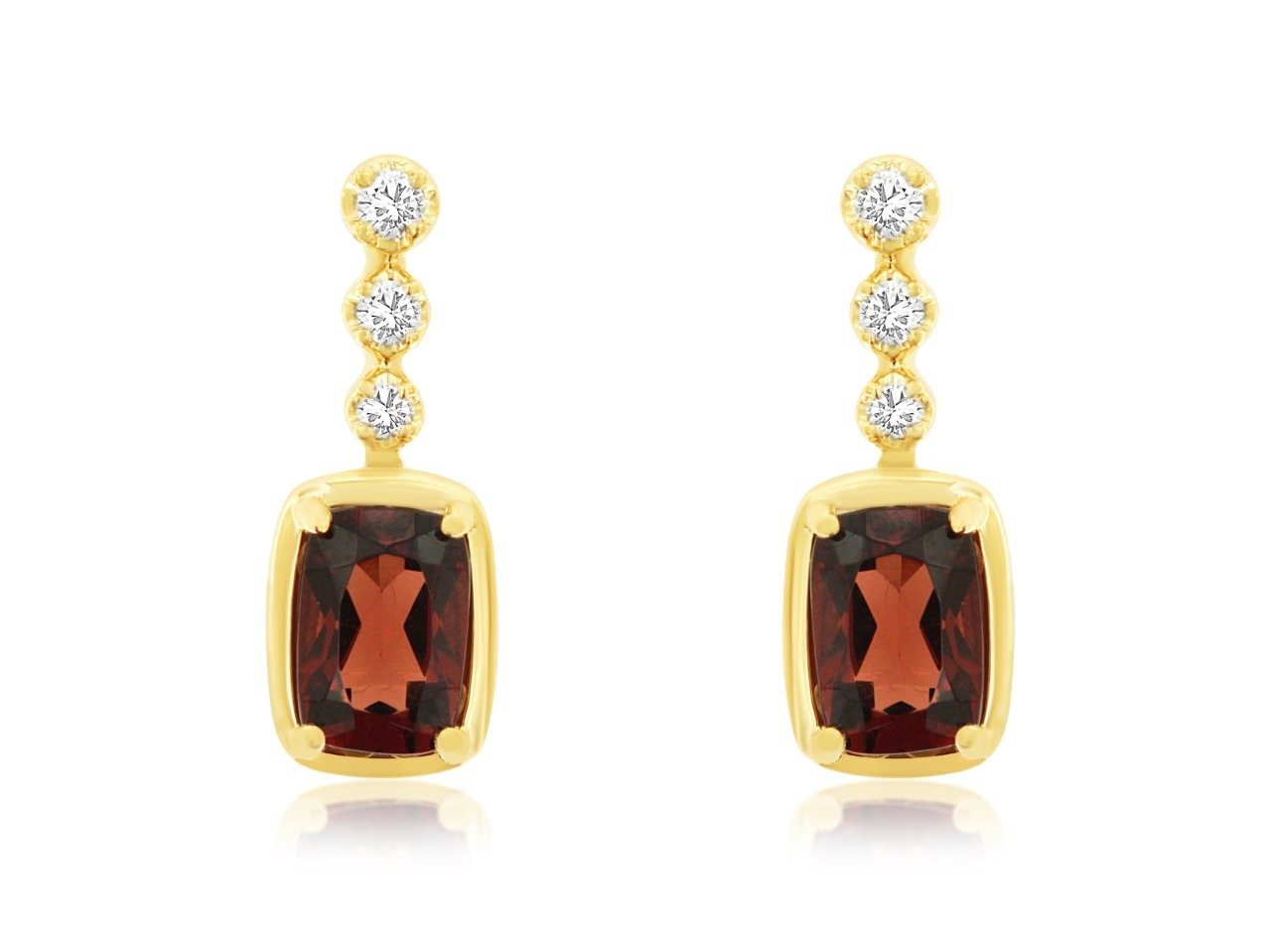 14K YELLOW GOLD DROP EARRINGS WITH 1.10CTTW CUSHION CUT GARNETS AND .10CTTW ROUND I1 CLARITY & HI COLOR DIAMONDS