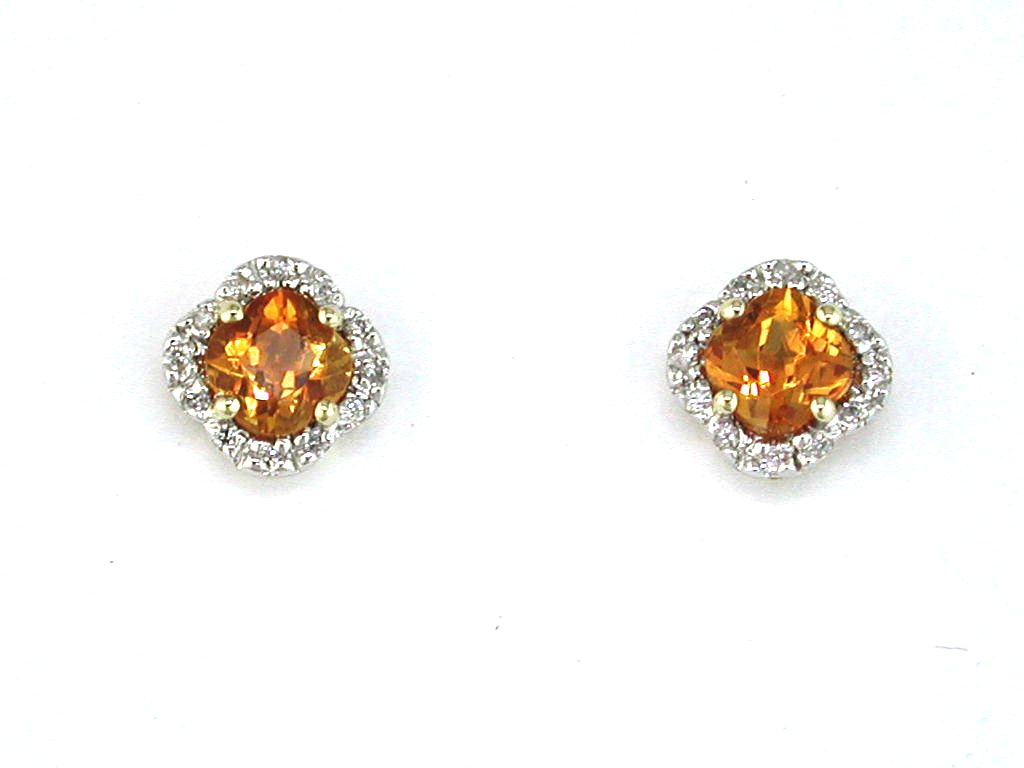 14K YELLOW GOLD POST EARRINGS WITH .85CTTW SQUARE CITRINE EARRINGS WITH .10CTTW ROUND I1 CLARITY & HI COLOR DIAMONDS SET IN THE HALO