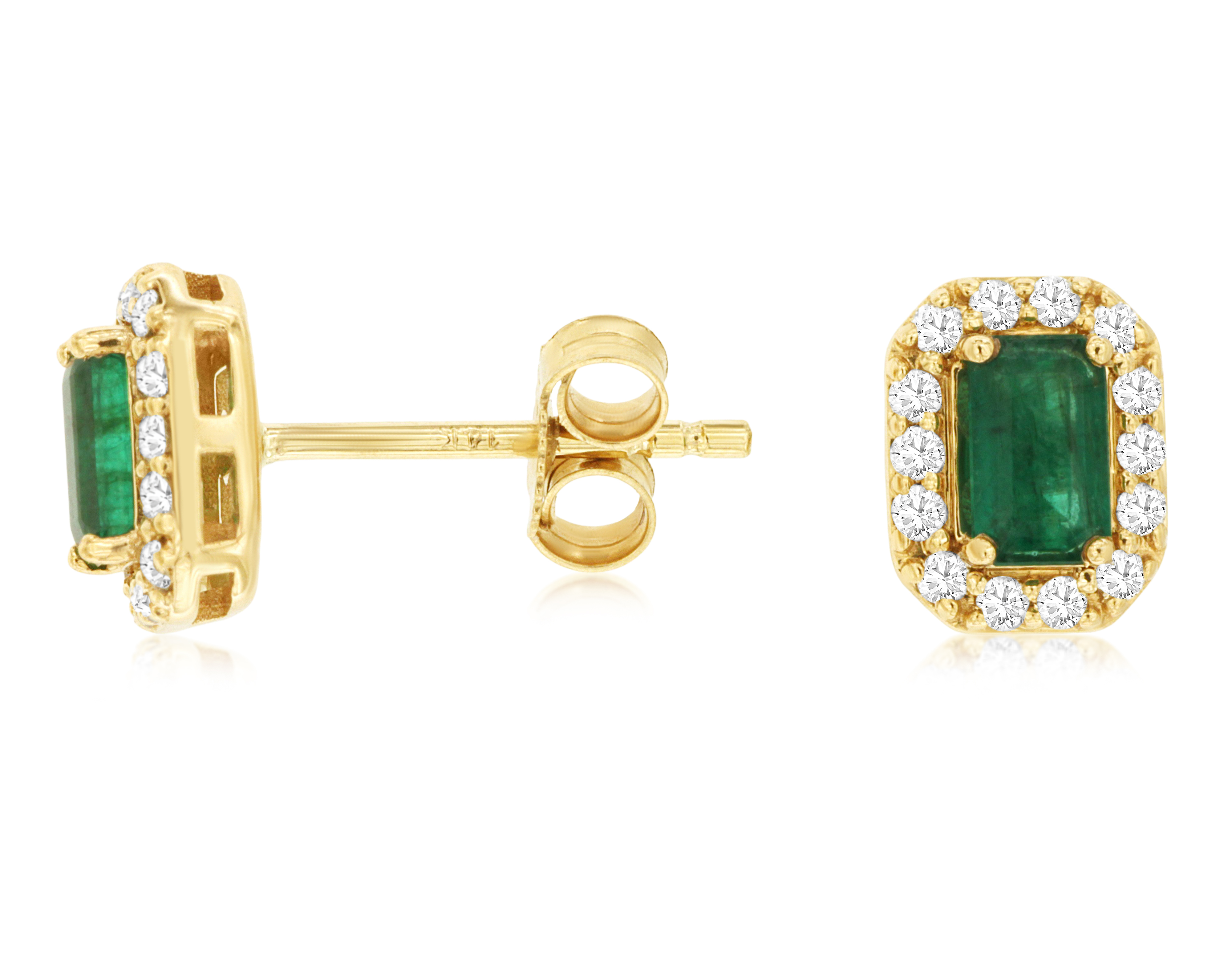 14K YELLOW GOLD POST EARRINGS WITH .56CTTW EMERALD CUT EMERALDS AND .20CTTW ROUND I1 CLARITY & HI COLOR DIAMONDS SET IN THE HALOS