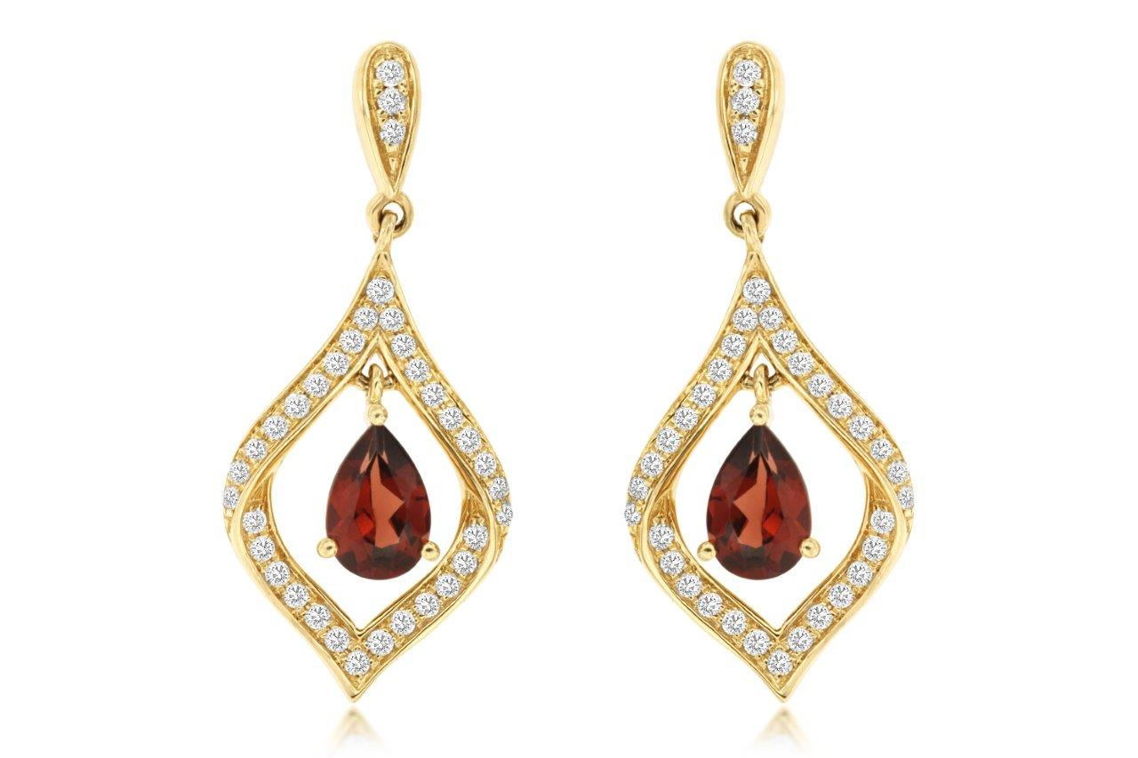 14K YELLOW GOLD POST EARRINGS WITH OPEN TWIST DROP WITH .29CTTW ROUND I1 CLARITY &HI COLOR DIAMONDS AND .1.05CTTW PEAR SHAPED DANGLE GARNETS