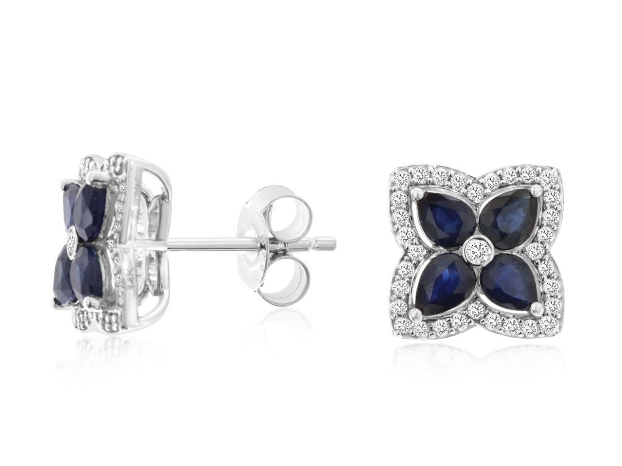 14K WHITE GOLD POST EARRINGS WITH 1.50CTTW PEAR SHAPED SAPPHIRES SET IN A FLOWER DESIGN WITH .30CTTW ROUND I1 CLARITY & HI COLOR DIAMONDS SET IN THE HALOS