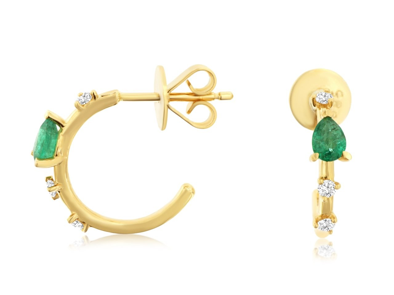 14K YELLOW GOLD POST HOOP EARRINGS WITH .28CTTW PEAR SHAPED EMERALDS AND .10CTTW ROUND I1 CLARITY & HI COLOR DIAMONDS