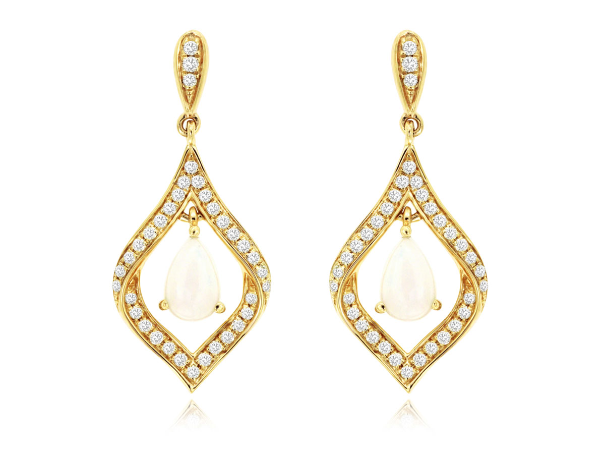 14K YELLOW GOLD OPEN TWIST POST EARRINGS WITH .29CTTW ROUND I1 CLARITY & HI COLOR DIAMONDS AND .50CTTW PEAR SHAPED DANGLE OPALS