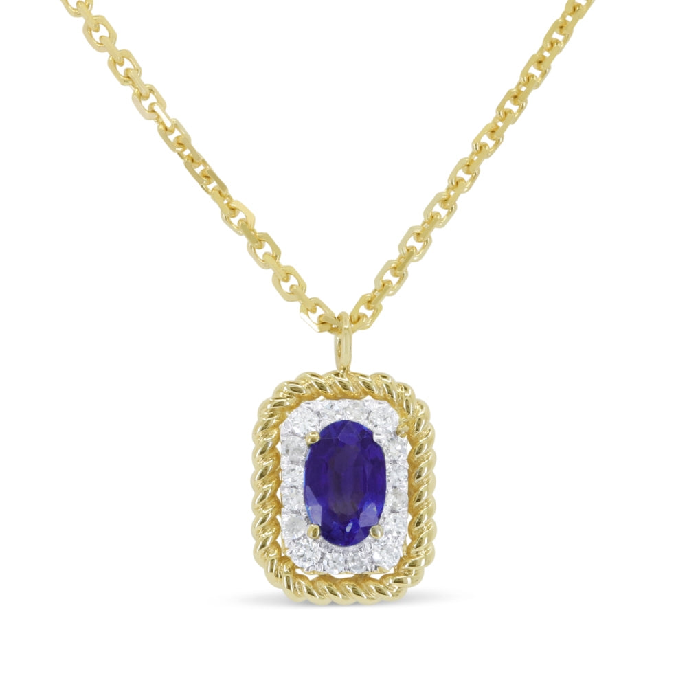 14K YELLOW GOLD SQUARE ROPE EDGE PENDANT WITH A .33CT OVAL LONDON BLUE TOPAZ AND .07CTTW ROUND SI CLARITY & HI COLOR DIAMOND ON A 16" DIAMOND CUT CABLE CHAIN