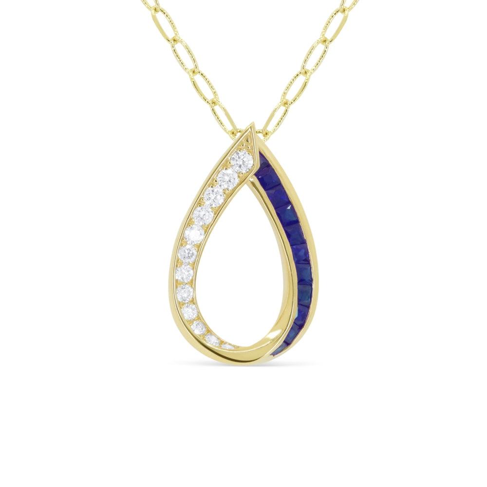 14K YELLOW GOLD OPEN PEAR SHAPED PENDANT WITH .62CTTW SQUARE BLUE SAPPHIRES CHANNEL SET WITH .40CTTW ROUND I1 CLARITY & HI COLOR PRONG SET DIAMONDS ON AN 18" POLISHED AND TEXTURED OVAL LINK CHAIN